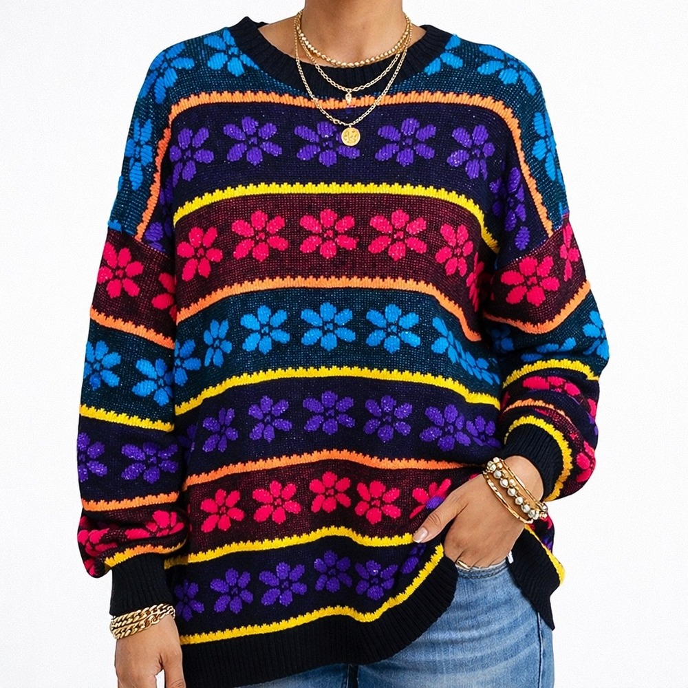 Jane Adams Womens Vintage Floral Knit Sweater 80s Neon‎ Colorful Made USA XL 90s